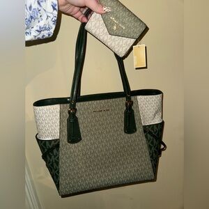 Michael Kors green colorblock tote and wallet